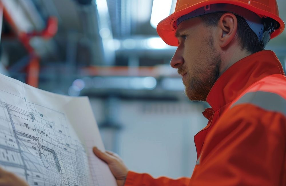 Professional safety engineer planning secure installations with fire alarm system blueprint, leaving ample copy space.